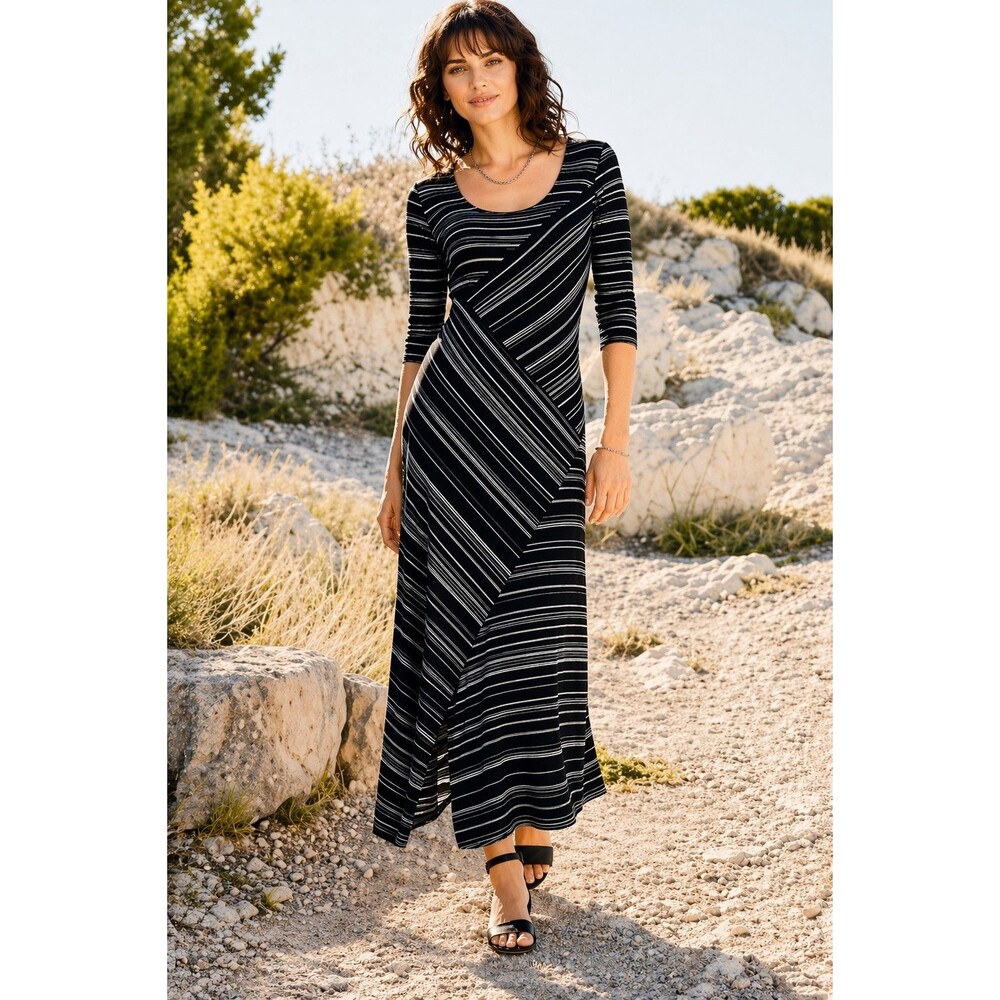 Peruvian Connection Oristano Dress Long Maxi Jersey Stripes Black White Sz XL